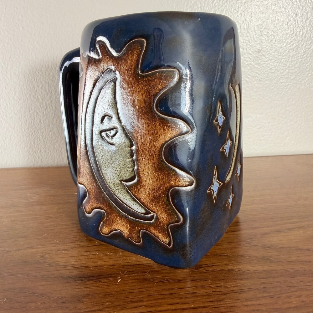 Vintage Mara Mexico Sun Moon Stars Mug Blue Pottery Celestial Coffee Cup Boho